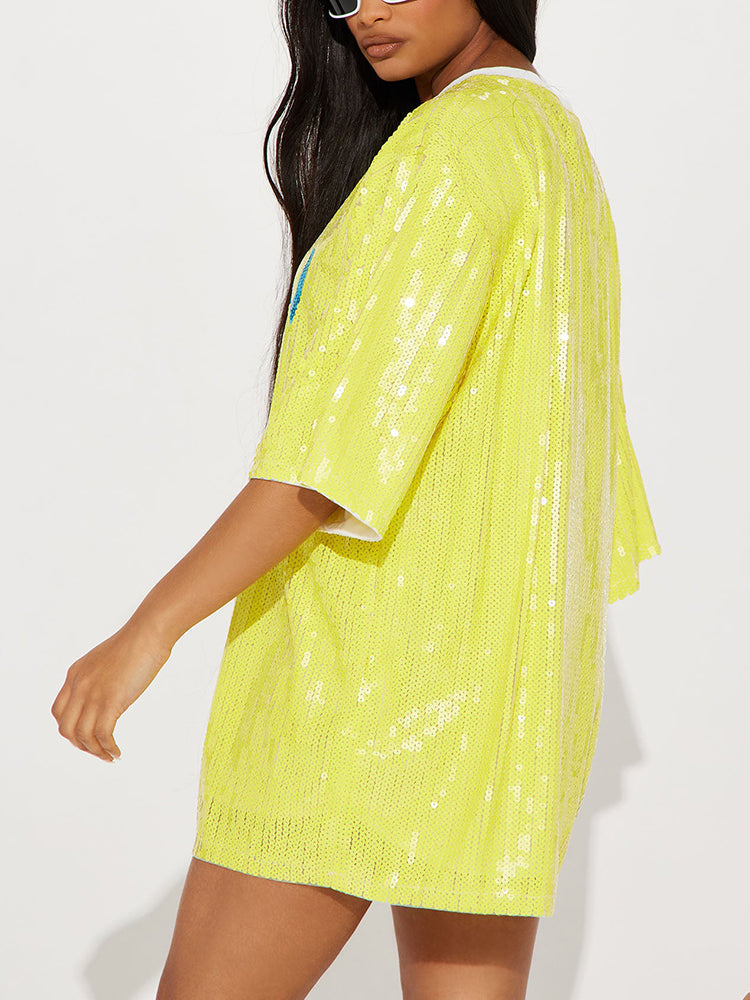 Sequin T-Shirt Dress with Geometric Print - View 30 | Lwiis