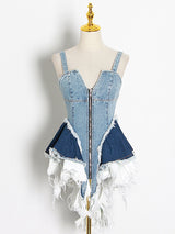 Denim patchwork mini dress with V-neckline and zipper front - View 9 | Lwiis