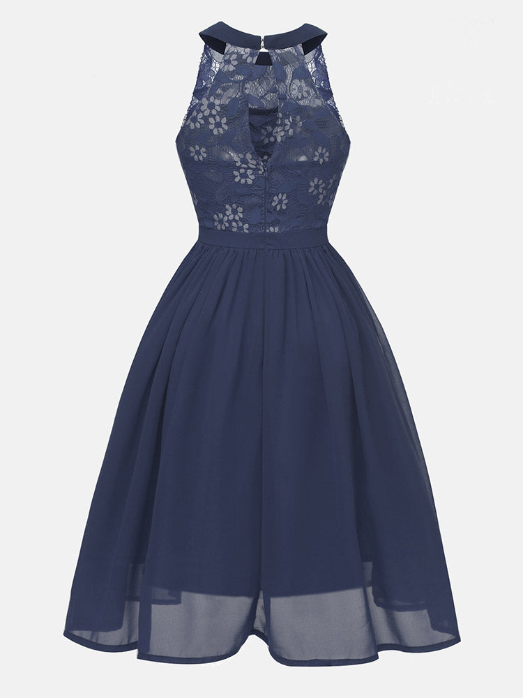 Navy blue lace and chiffon halter neck A-line dress, back view