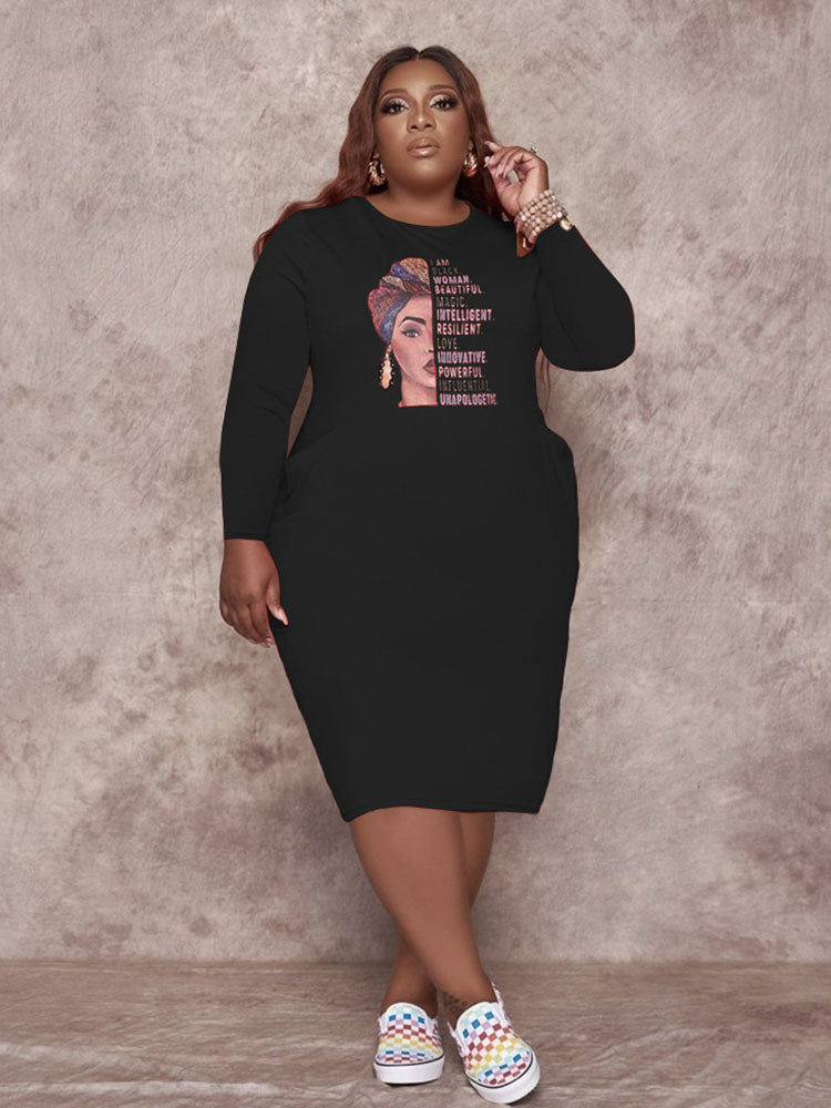 Woman wearing a black long sleeve sheath dress with graphic print and side pockets.