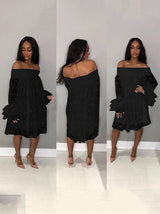Collage of a woman in a black off-the-shoulder polka dot dress from front, back, and three-quarter views