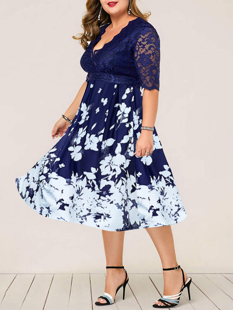 Plus size blue and white floral print fit and flare dress with lace top and ankle strap heels