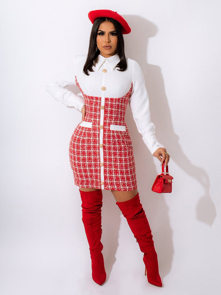 Woman in a red and white plaid tweed dress with a white collared shirt top, red beret, and red knee-high boots, holding a small red handbag.