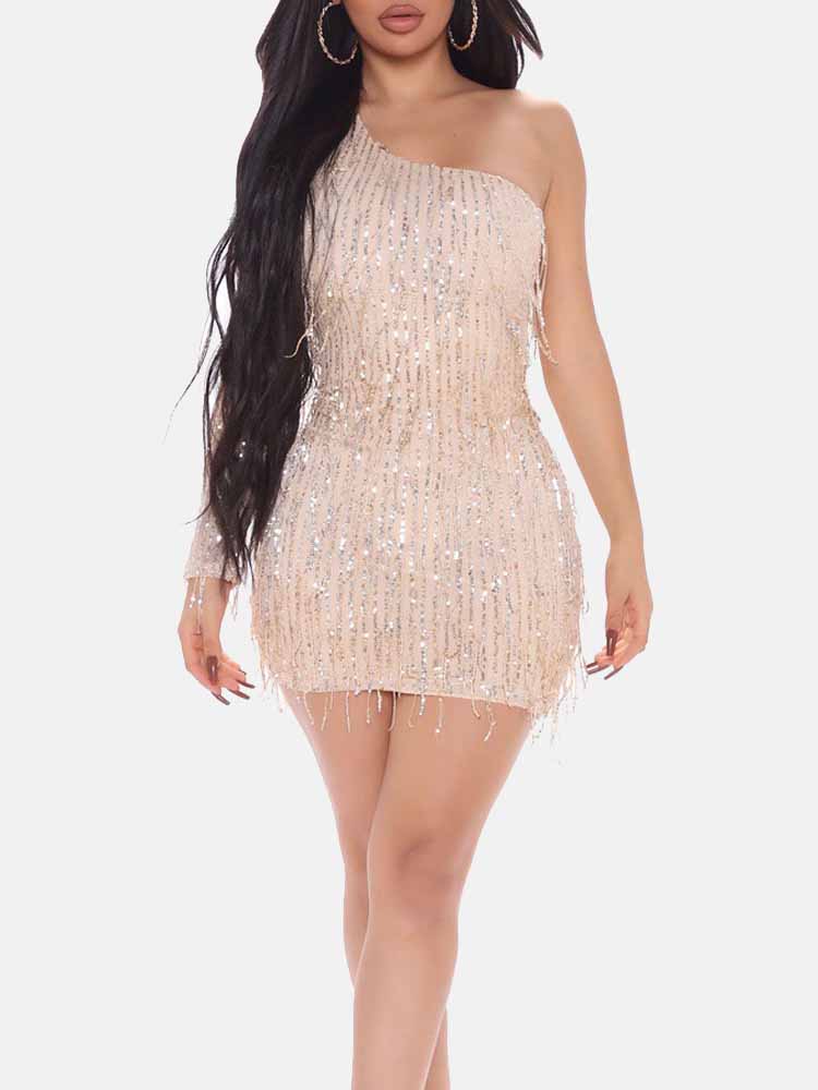 One Shoulder Sequin Dress - View 6 | Lwiis