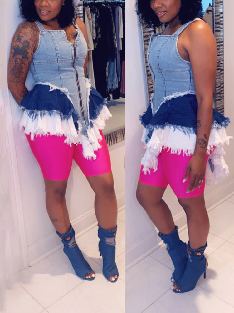 Denim patchwork mini dress with V-neckline and zipper front - View 12 | Lwiis