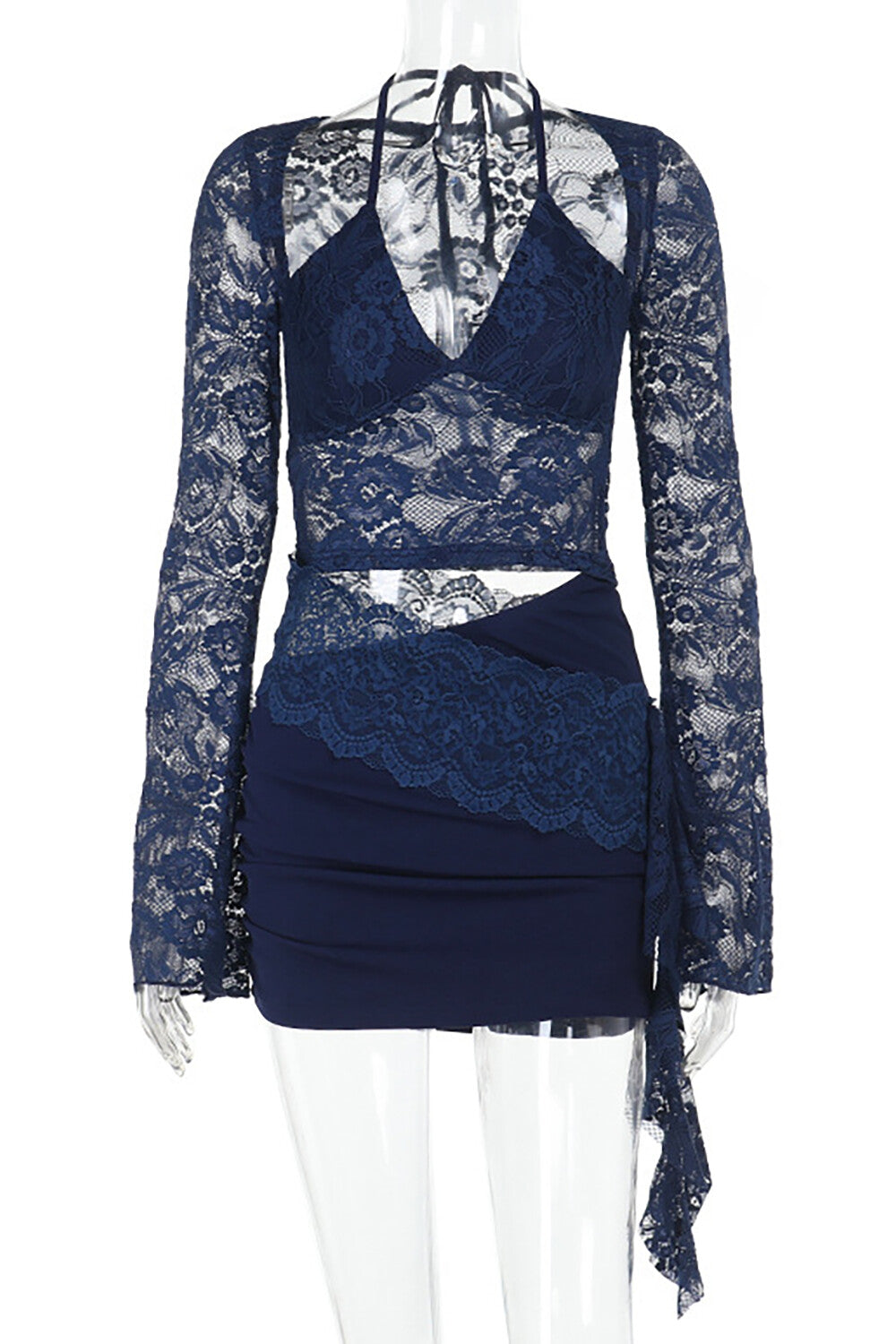 Jacquard Lace Flare Sleeve Halter Mini Dress - View 7 | Lwiis