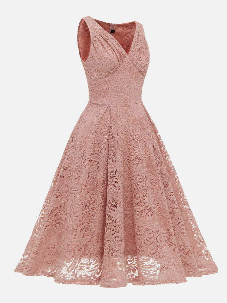 Pink lace fit and flare dress, side view