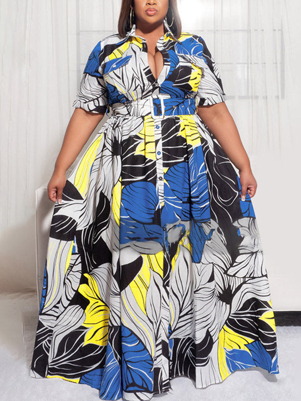 Printed V-neck maxi dress with short sleeves and a belted waist - View 14 | Lwiis