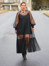 Full-length view of a woman in a black sheer dress.