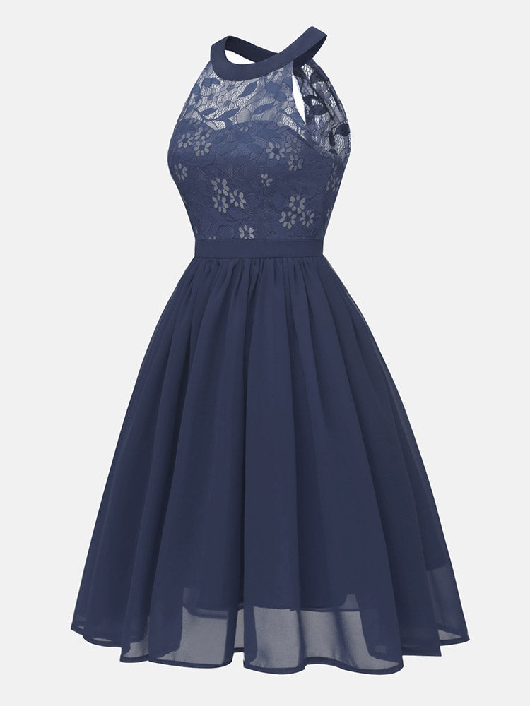Navy blue lace and chiffon halter neck A-line dress, side view