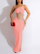 One Shoulder Asymmetrical Mesh Dress with Beaded Embellishments - View 14 | Lwiis