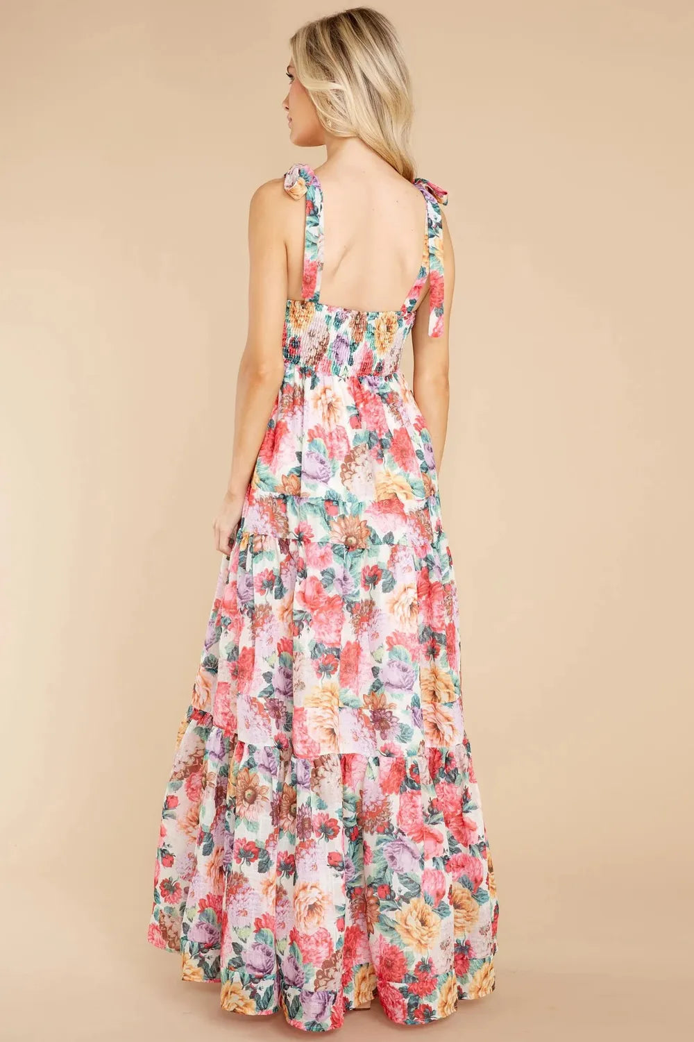 Floral Maxi Dress with Square Neckline and Tie Straps - View 6 | Lwiis
