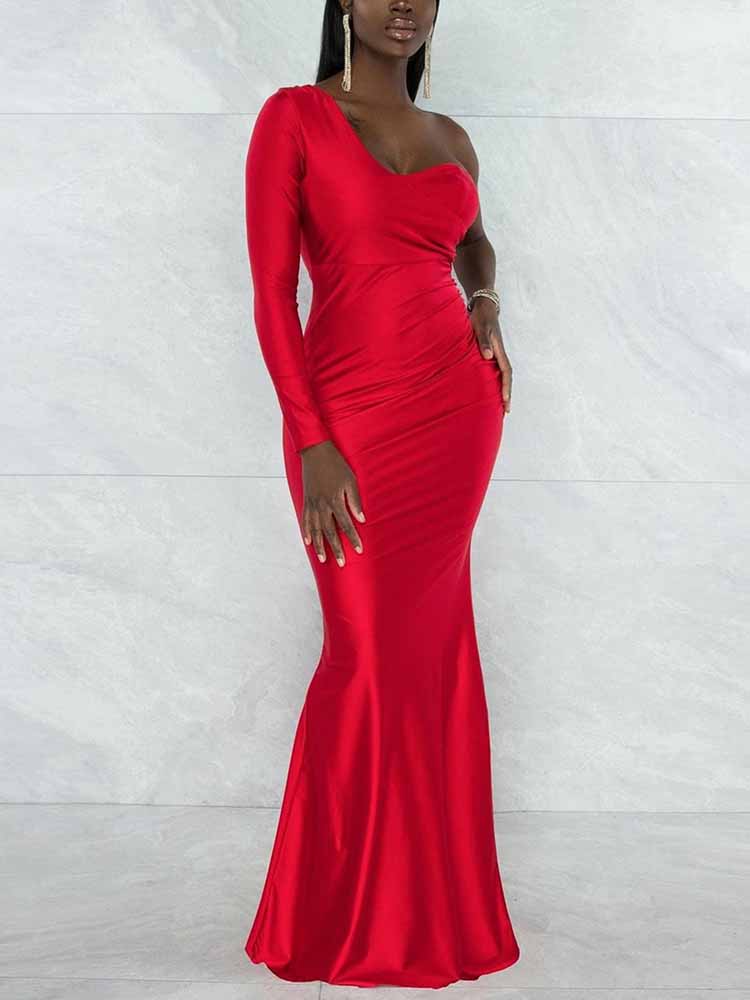 Elegant one shoulder mermaid maxi dress with ruched detailing - View 8 | Lwiis