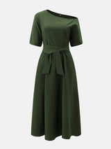 Oblique Neckline Maxi Dress with Belt - View 6 | Lwiis