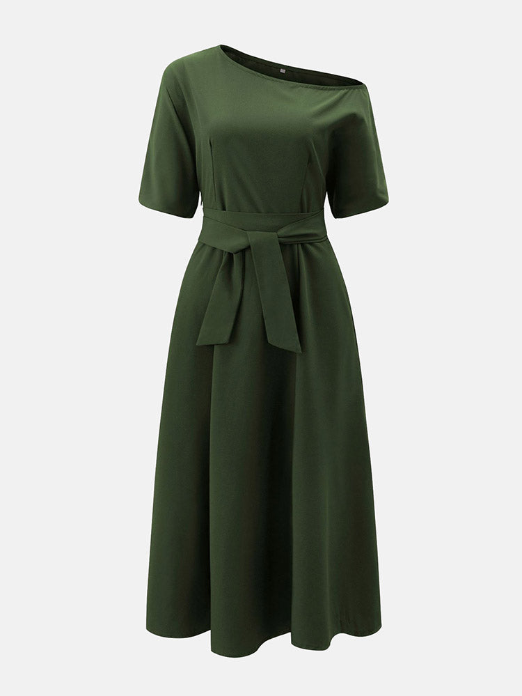 Oblique Neckline Maxi Dress with Belt - View 6 | Lwiis