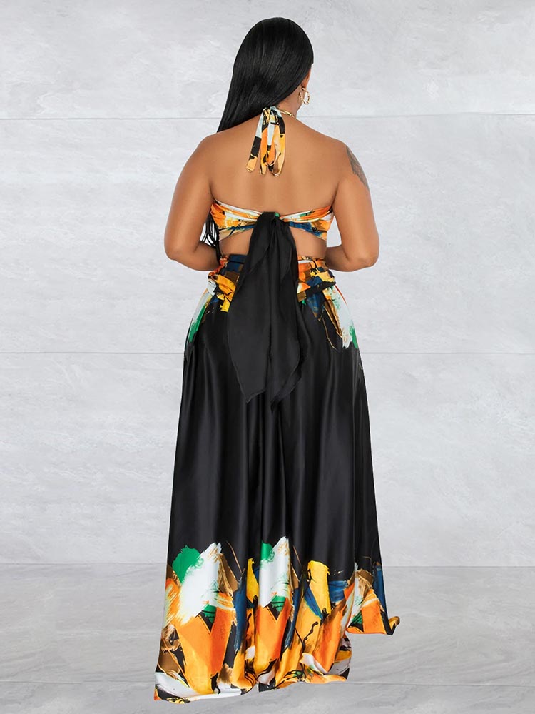 Abstract Print Halter Maxi Dress - View 6 | Lwiis