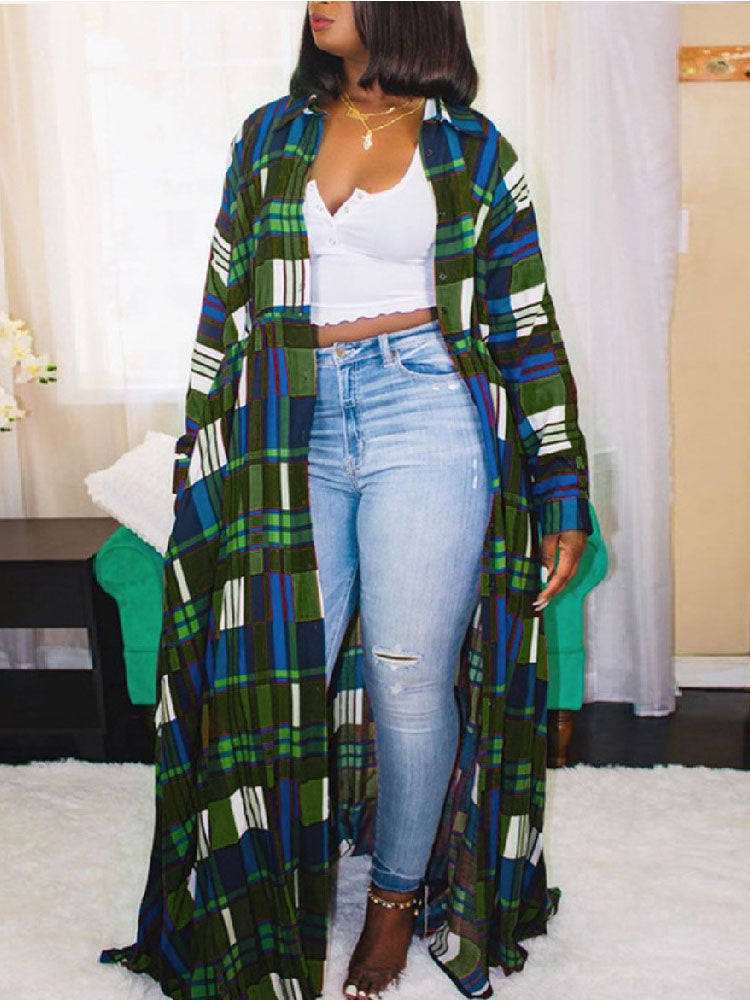 Plaid print long sleeve maxi dress with belted waist - View 9 | Lwiis