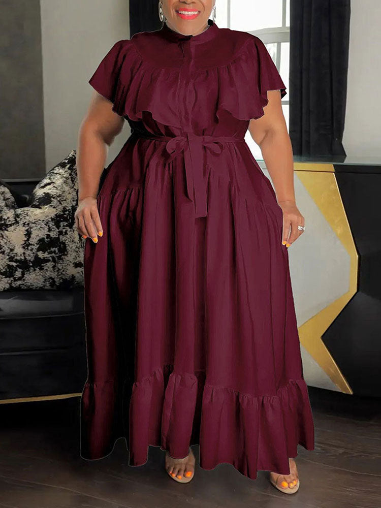 Plus size ruffled maxi dress with belt - View 12 | Lwiis