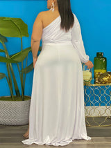 Back view of a woman wearing a white one-shoulder high-low maxi dress.