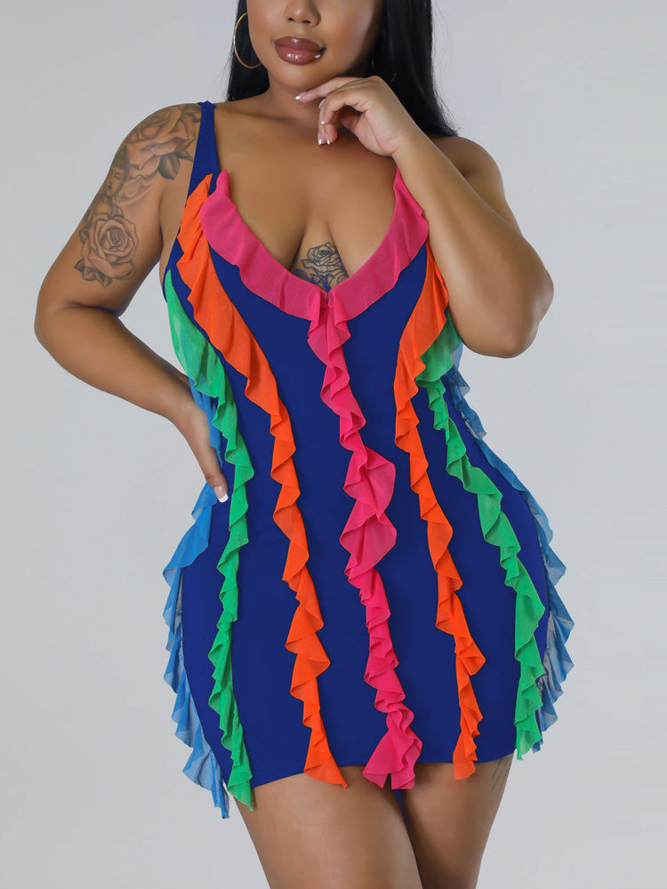 Ruffled V-Neck Mini Dress - View 10 | Lwiis
