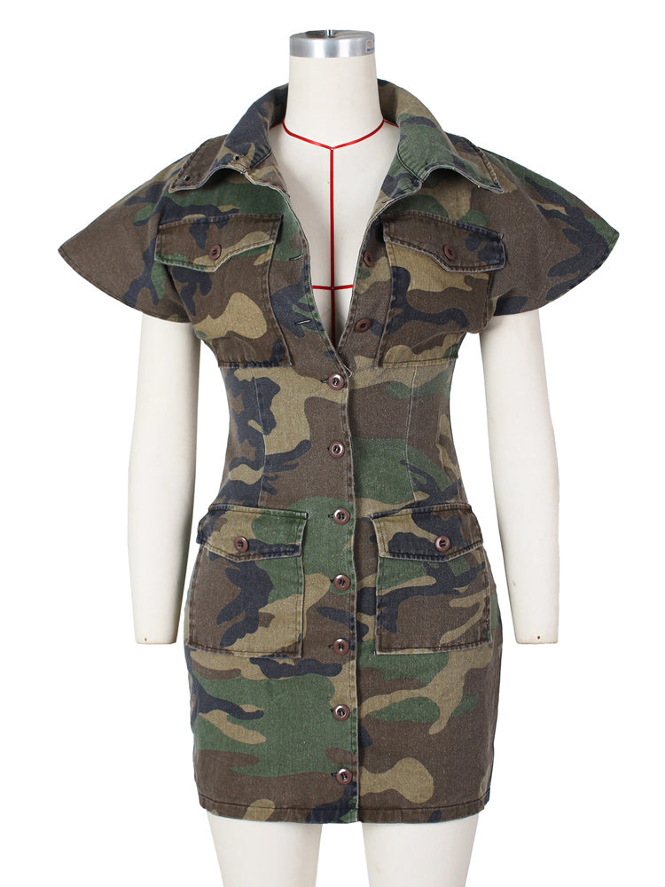 Front view of a camouflage print short sleeve button-down dress displayed on a mannequin.