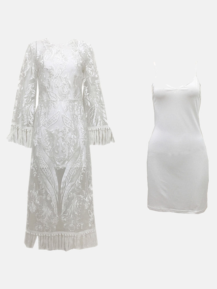 White lace bell sleeve midi dress - View 9 | Lwiis