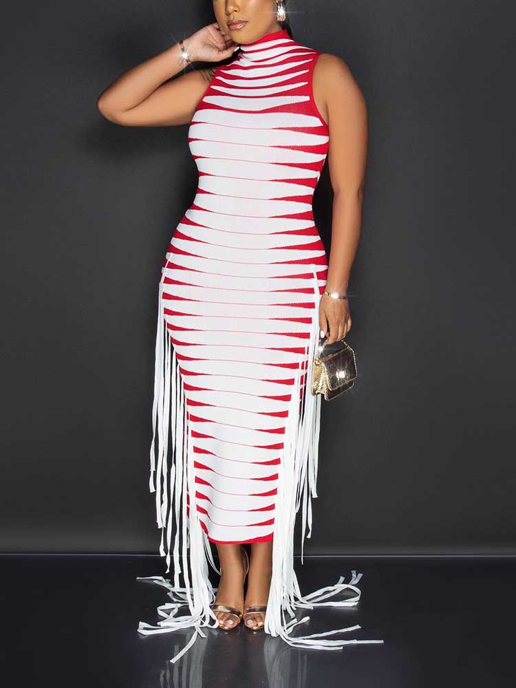 Striped knit midi dress with high neckline and fringe detailing - View 10 | Lwiis