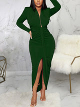 Ruched V-neck long sleeve midi dress - View 19 | Lwiis