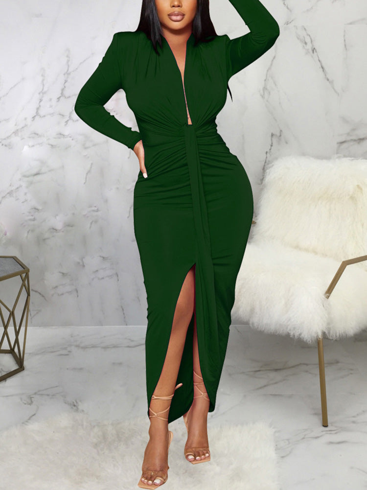 Ruched V-neck long sleeve midi dress - View 19 | Lwiis
