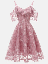Pink lace cold shoulder midi dress