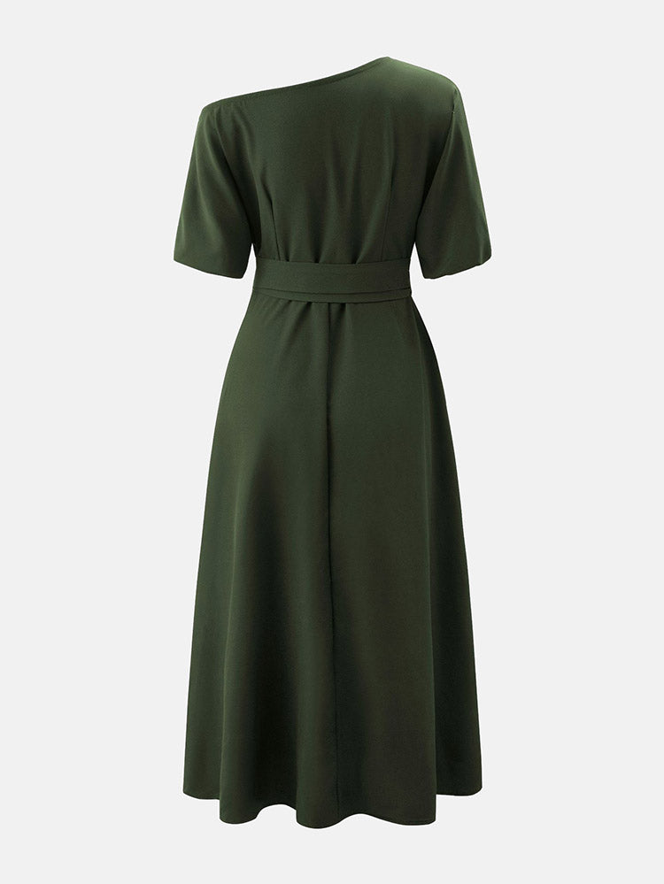 Oblique Neckline Maxi Dress with Belt - View 7 | Lwiis