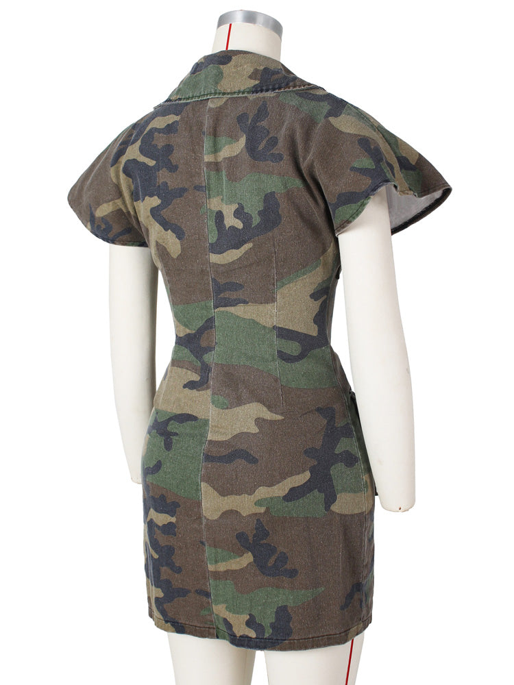 Back view of a camouflage print short sleeve button-down dress displayed on a mannequin.