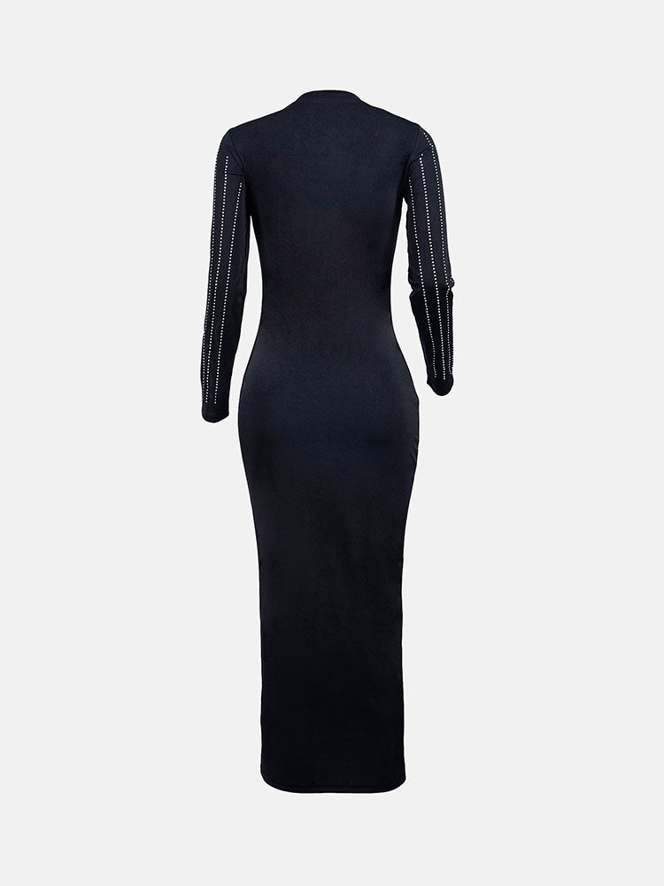 Back view of a black long-sleeved midi dress with vertical rhinestone embellishments on the sleeves.