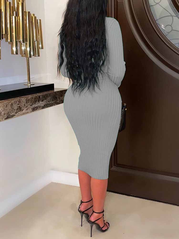 Ribbed knit midi dress with button front - View 11 | Lwiis
