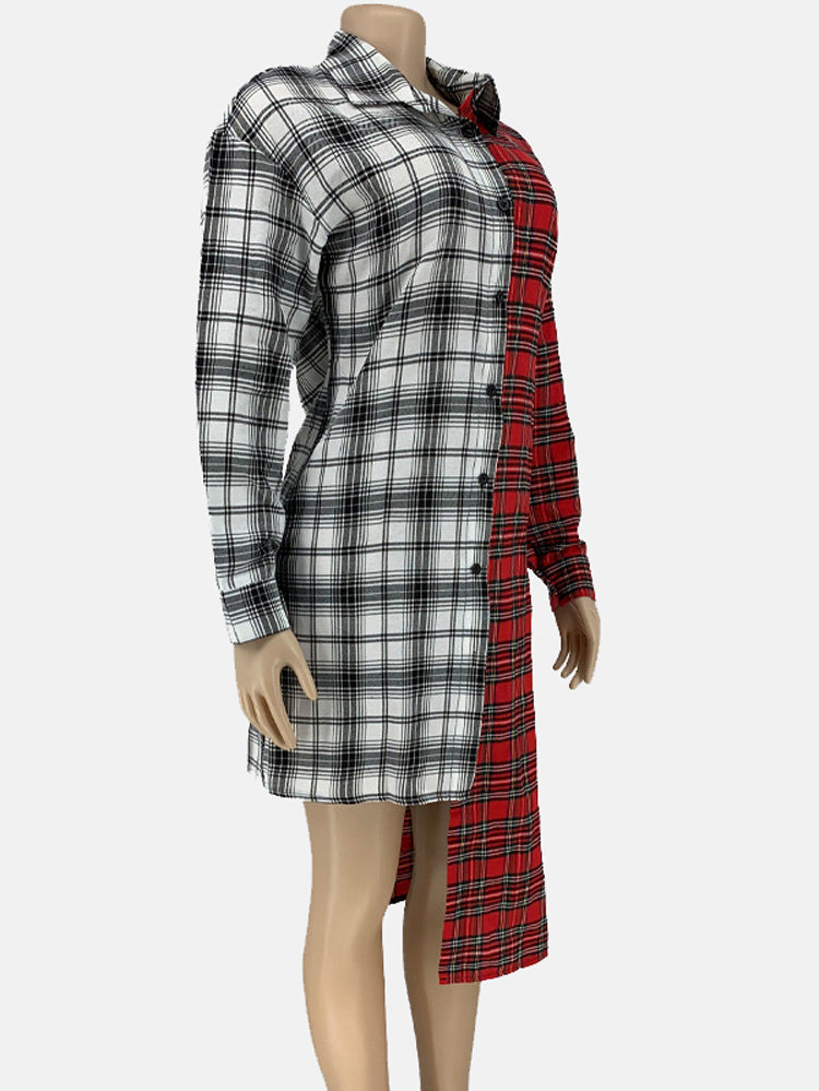 Side view of a mannequin wearing a red and white plaid shirt dress with an asymmetrical hemline.