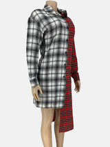 Side view of a mannequin wearing a red and white plaid shirt dress with an asymmetrical hemline.