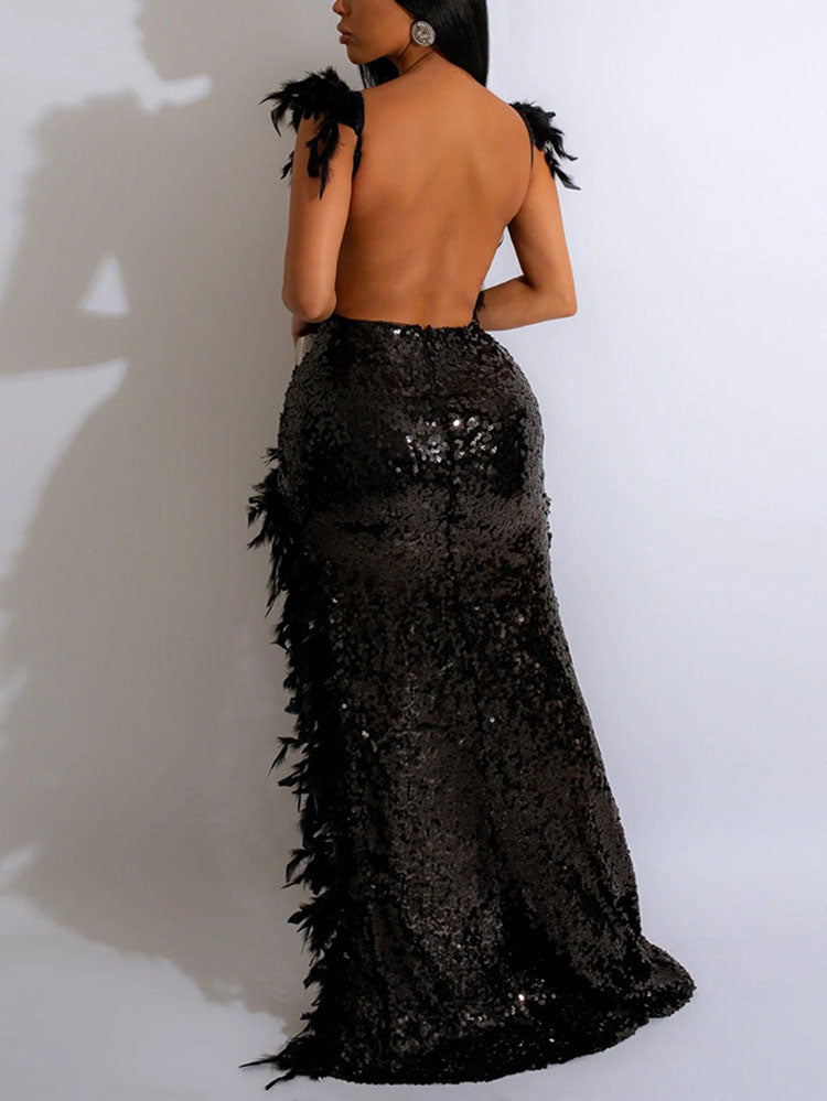 Sequin feather party dress with slit - View 9 | Lwiis