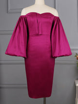 Purple off-the-shoulder satin dress with bishop sleeves displayed on a mannequin.