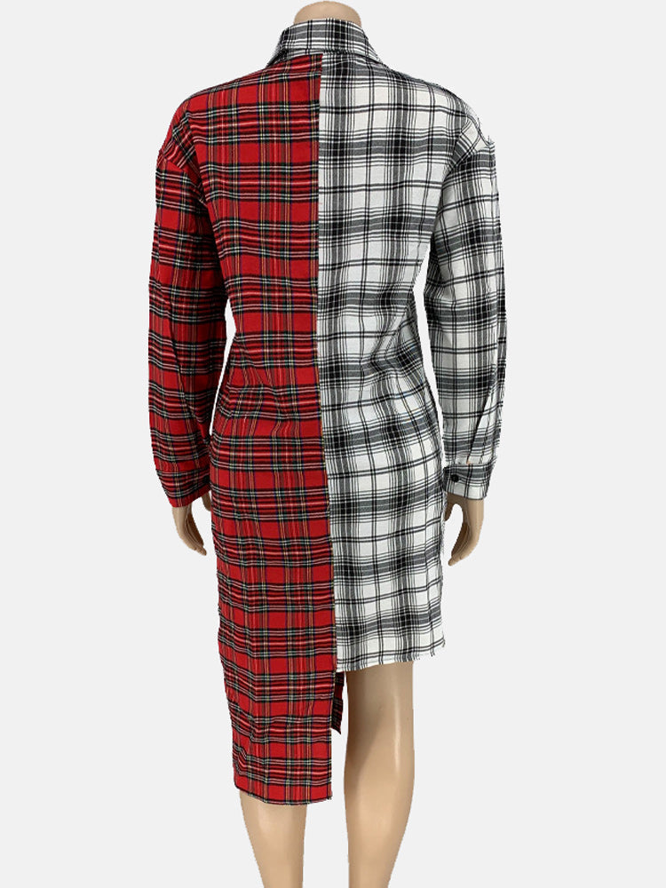 Back view of a mannequin wearing a red and white plaid shirt dress with an asymmetrical hemline.