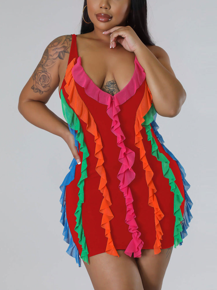 Ruffled V-Neck Mini Dress - View 16 | Lwiis