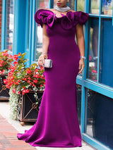 Off shoulder maxi dress with ruffle detail and mermaid train - View 6 | Lwiis