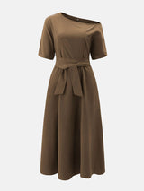 Oblique Neckline Maxi Dress with Belt - View 11 | Lwiis