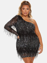 Model wearing a black sequined one-shoulder mini dress with fringe detailing.