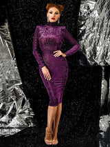 Leopard print velvet midi dress with mock neck - View 6 | Lwiis