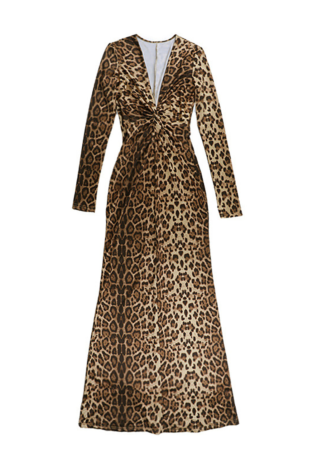 Tiefer V-Ausschnitt Langarm Leopard Print Bodycon Maxikleider - Hellbraun