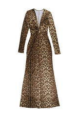 Tiefer V-Ausschnitt Langarm Leopard Print Bodycon Maxikleider - Hellbraun