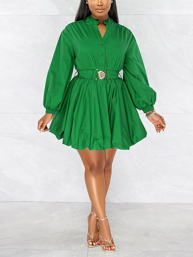 Puffy sleeve belted dress - View 9 | Lwiis