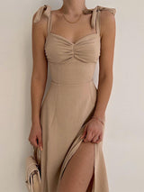 Solid Slit Maxi Dress with Sweetheart Neckline - View 7 | Lwiis