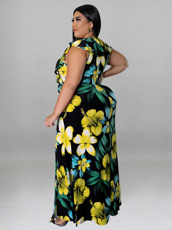 Floral maxi dress with ruffle sleeves and lace-up neckline - View 10 | Lwiis