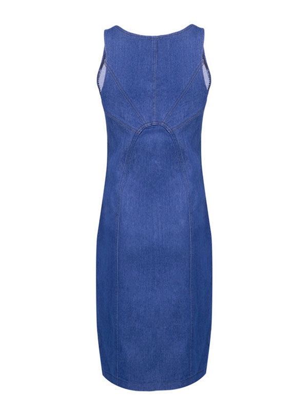 Rear view of a blue denim midi dress with a fitted silhouette and visible stitching details.